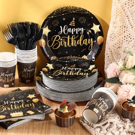 Vesici 120 Pcs Happy Birthday Party Supplies Disposable Party Tableware Serves 24 Included 7 Inch 9 Inch Plates Napkins Cups Forks for Men Woman 50th Birthday Party Decorations (Black and Gold)
