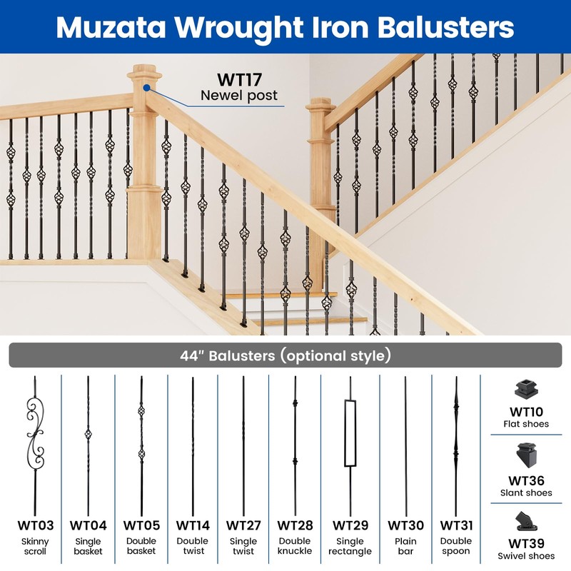 Muzata 10Pack 44'' Wrought Iron Balutser Hollow Double Spoon Metal