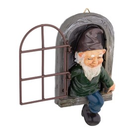 Relaxdays Gnome with Window, Weatherproof, Tree Trunk Decoration, H x W: 15 x 8 cm, Tree Gnome for Hanging, Artificial Stone, Colourful