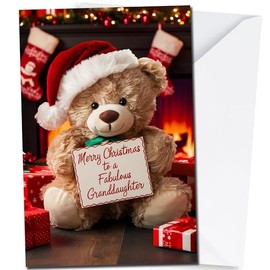 Christmas Card for Granddaughter, Cute Teddy Bear with Sign, A5 14.8cm x 21cm