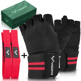 VISERYS Weight Lifting Glove with Wrist Support + Weight Lifting Strap for Men and Women (Red, M)