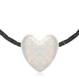White Opal Heart Necklace For Woman – 925 Black Sterling Silver 16 Inch Wire Cable Chain + 2 Inch Extender – Thin Cute Cable Wire Heart Shaped Opal Jewelry