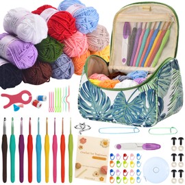 EDCUEBE7 Kit de ganchillo para principiantes, 12 madejas de hilo, 9 ganchos ergonómicos (2.0-6.0 mm), bolsa de almacenamiento portátil de hojas verdes, 74 piezas de suministros de tejer