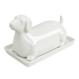 Colias Wing 3D Dachshund Shaped Ceramic Butter Dish with Lid Butter Keeper Butter Plate Tray for Kitchen Countertop Dachshund Pattern Butter Crock Keeper Saver