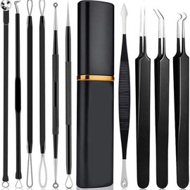 10pcs Pimple Popper Tool Kit Stainless Steel Blackhead Remover Tool Comedones Extractor for Forehead Facial Nose Lightweight Acne Needle Tool with Metal Case for Travel Home Use(black)