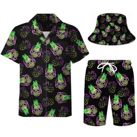 Nosirhoc Men's 2 Piece neon pineapple Tracksuitfunny hawaiian shirts for men Button Down Shirt Shorts rave Outfits With Bucket Hats 12-S