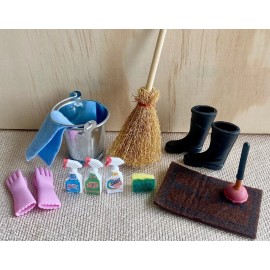 USAminiature 13 pcs Dollhouse Miniature Cleaning Bucket basket Supplies plunger glove Sponge - All 13 pcs sets