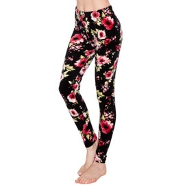 ALWAYS Women's Floral Velvet Leggings - Premium Soft Stretch Warm Winter Print Pattern Pants 1882 Black One Size