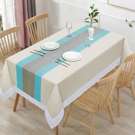 JUCFHY 100% Waterproof Square Vinyl Tablecloth,Flannel Backed PVC Table Cloth Oil Proof Spill Proof Wipe Clean Durable Table Cloths for Indoor and Outdoor Use(Blue Grey Stripes,58X58IN)