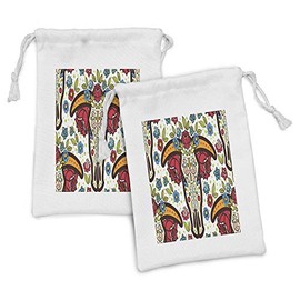 Ambesonne Ethnic Fabric Pouch Set of 2, Mexican Folkloric Flourish Ornamental Animal Sugar Skull with Flowers Bohemian, Small Drawstring Bag for Toiletries Masks and Favors, 9" x 6", Multicolor