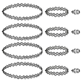 luoshaPUCY Choker Necklace Sets (3 Sets, 12 Pieces) Choker Bracelet, Rings Stretch Tattoo Necklace Elastic Hollow Fabric Jewellery Set Collar for Girls Women Children