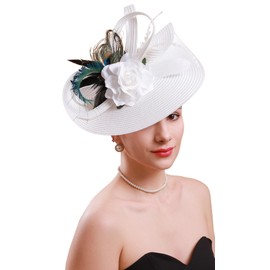 Cizoe Tea Party Hats Fascinators for Women Kentucky Derby Headpiece Peacock Feather Wedding Headware Bridal Headpiece(White)