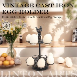 Linton Arts Cast Aluminum Fresh Egg Holder Countertop, Egg Holder Rack Tray for 12 Fresh Eggs, 2-Tier Egg Tray & Dispenser with Rooster Top Design, Egg Skelter for Kitchen (7.67" × 7.67" × 10.98")