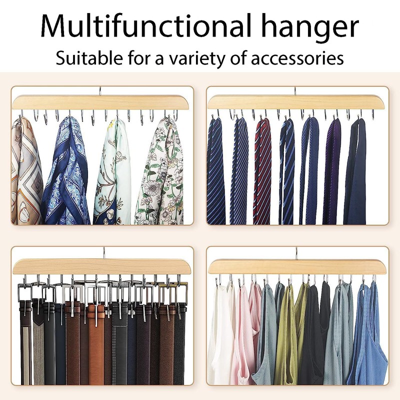 2 Pcs Natural Wooden Belt Hanger with 14 Rotatable Hooks