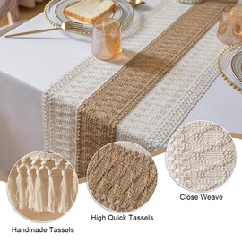 Table Runner,Linen Rustic Beige Tabletop Runners ,Macrame Table Runner with Tassels for Holiday Parties and Everyday Use