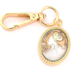 DAD Memorial Locket Key Chain/Keyring/Handbag Charm. Real White Feather, Angel Wing, Rose Flower Floating Charms. Gold Oval