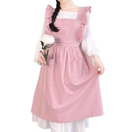 UUTWXZ Ruffle Vintage Apron for Women Cotton Cross Back Apron with Pockets Pinafore Apron Dress, Pink, One Size