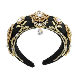 Florate Big Crystal Flower Headband for Women Rhinestone Pearl Luxury Decorative Bead Royal Sponge Hairband Hair Hoop Accessories (H1128-black)