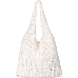 WantGor Crochet Bags, Beach Mesh Tote Bag Womens Shoulder Shopping Handbag Casual Travel Totes Bag Foldable Hobo Bags (Creamy)