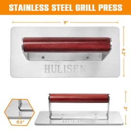 HULISEN Stainless Steel Bacon Press, 9 Inch Large Heavy Duty Burger Press with Wood Handle, Non-stick Grill Press for Griddle, Steak Weight Griddle BBQ Accessories for Panini, Sandwiches, Gift Package