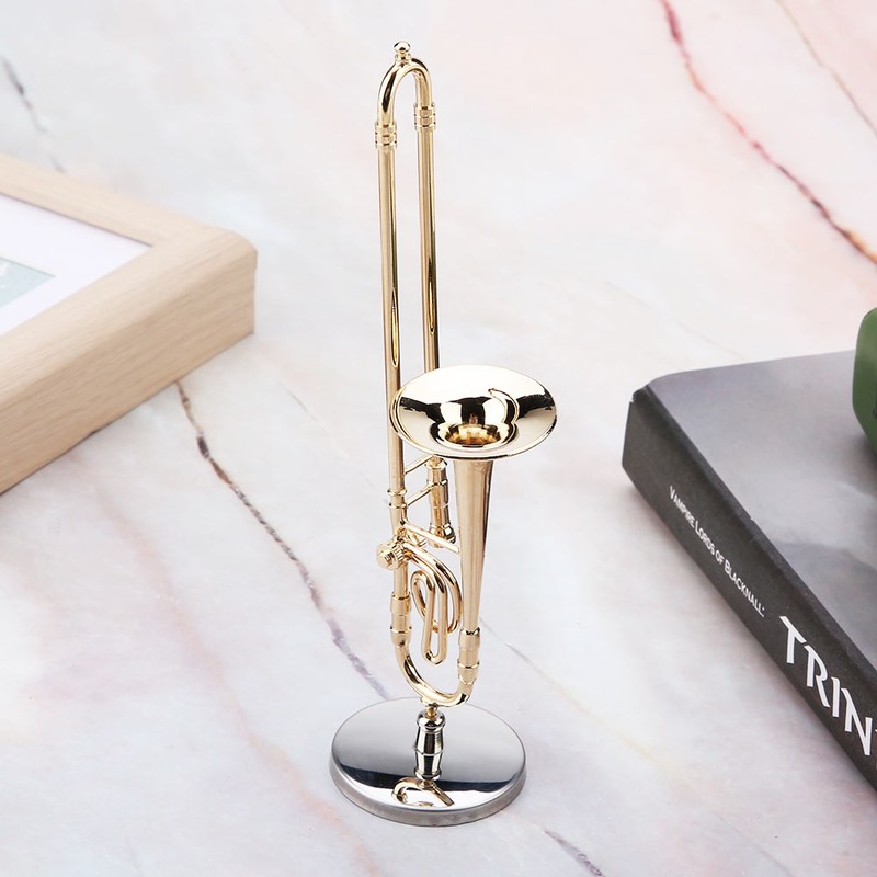 Miniature Trombone Replica with Stand and Case Gold Plated Instrument