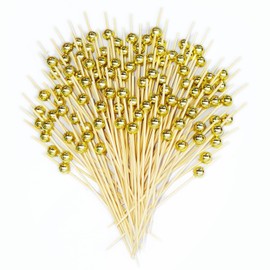 200PCS Cocktail Picks, Fancy Toothpicks for Appetizers, Decorative Skewers for Appetizers Drinks Party Fruit, 4.7 Inch Long Wooden Bamboo Gold Ball Food Sticks Charcuterie Boards Accessories
