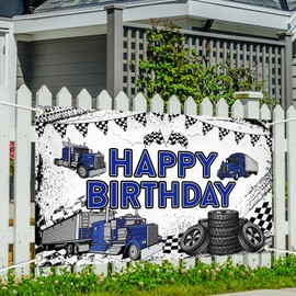 Printspree - Banner de cumpleaños con temática de camión, 70.8 x 43.3 pulgadas, decoración azul para fiesta de feliz cumpleaños, material de poliéster, diseño realista de camión