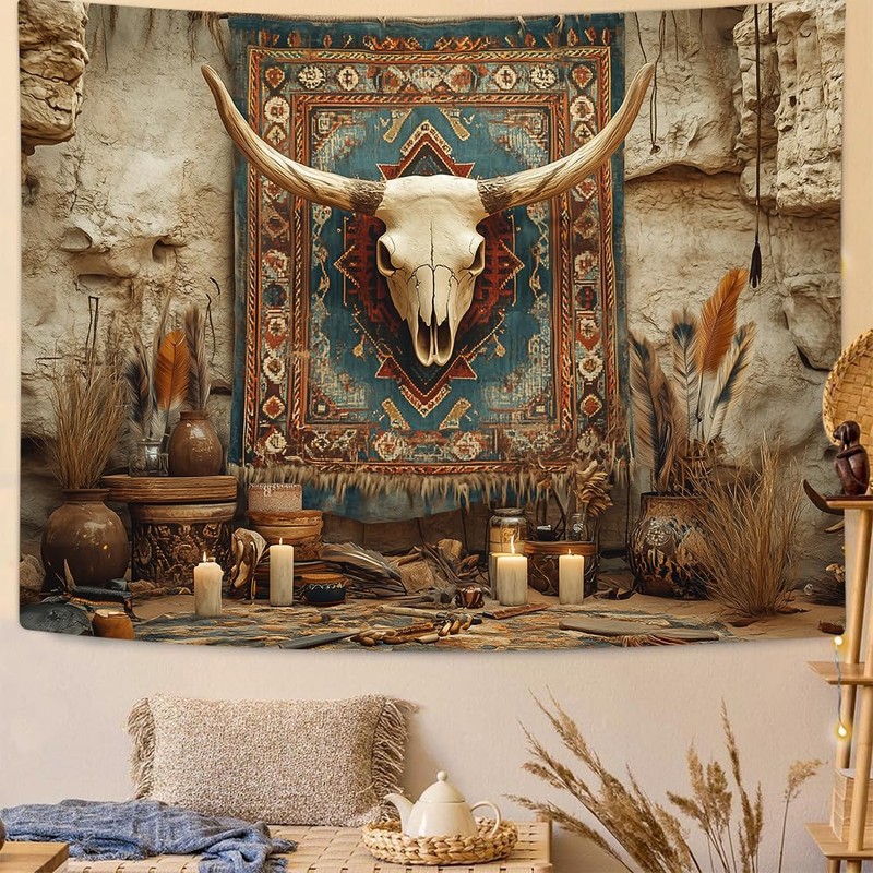 RichIdeas Western Tapestry Tribal Totem Bull Skull Wall Hanging