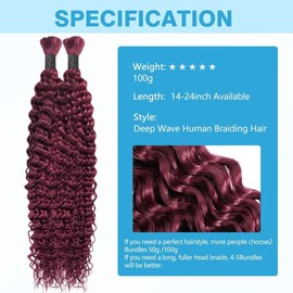 Burgundy Human Braiding Hair Deep Water Wave Bulk Human Hair Curly Human Hair for Boho Braids Hair Extensions No Weft 2 Braids Per Pack Wet and Wavy 100g 18 Inch Color 99J
