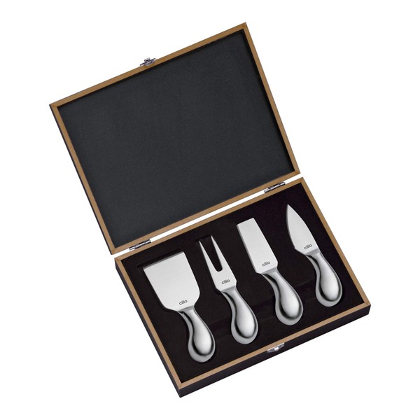 Cilio Piave Brushed Stainless Steel Cheese Knife in Wooden Box, Set of 4