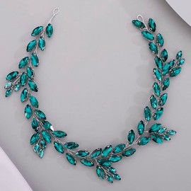 Chargances Bride Wedding Rhinestone Hair Vine Bridal Malachite Green Hair Piece Crystal Headband Hair Accessories for Women and Girls (Malachite green)