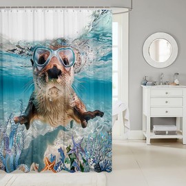 Feelyou Boys Girls Ocean Theme Bathroom Shower Curtain Set Cute Otter Shower Curtain Kids Kawaii Sealife Bath Curtain Beach Coastal Underwater World Teens Bathroom Accessories 72"x84"