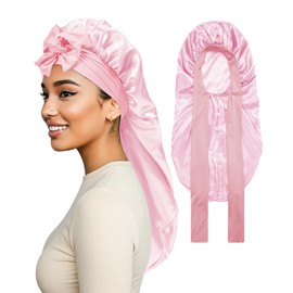 Braids Satin Bonnet for Sleeping Long Bonnet Women Hair Bonnet with Stretchy Tie Band Satin Hair Wrap(Pink)