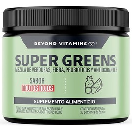 Beyond Vitamins | Super Greens, Jugo Verde en Polvo con Té Matcha, Espirulina, Té Verde, Espinaca, Clorofila, Moringa, Melena de León, Enzimas Digestivas, Probióticos y muchos más | Super Blend Sabor Frutos Rojos | 30 porciones