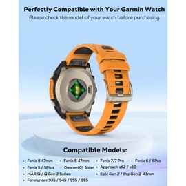 MoKo Watch Strap Compatible with Garmin Fenix 8/E 47 mm/Fenix 7/7 Pro/Fenix 6/6 Pro/Fenix 5/5 Plus/Forerunner 935 945 955 965, 22 mm QuickFit Soft Watch Strap, TitaniumButton/OrangeBlack
