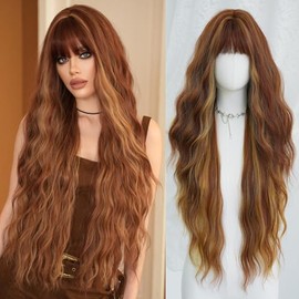 7JHH WIGS Long Loose Wavy Reddish Brown Highlight Blonde Wigs with Bangs Wet and Wavy Long Curly Heat Resistant 150% Density Culry Wave Wig for Women Daily Used