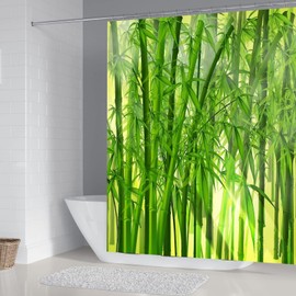 Lieson Shower Curtain, 100 x 200 cm, Shower Curtain, Anti-Mould, Green, Bamboo, Narrow Textile Bathroom Curtain, Made of Polyester, Waterproof, Washable Bathroom Curtain, Shower Curtains with Shower