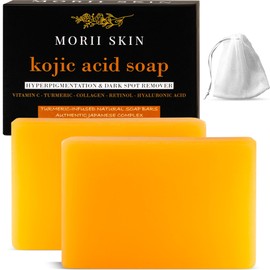 Organic Turmeric Soap Bar for Face, Kojic Acid Soap for Hyperpigmentation, Premium Japanese Formulated Kojic Soap Enriched with Vitamin C, Retinol, Collagen | 2-Bars + Mesh Net, 3.53 oz Each