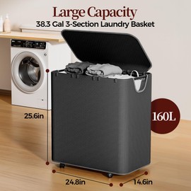 LAMU 160L Laundry Hamper with Wheels, Black Rolling Laundry Basket with Lid and 3 Removable Laundry Bag, Large Capacity 3 Section Clothes Hampers for Laundry Room, Bedroom, Bathroom, Dorm