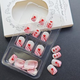 24Pcs Valentines Day Press on Nails Short Square Fake Nails Red Heart Pink Glitter with French Lines Full Cover Acrylic Tip Glue on Nails Artificial Reusable French Tip False Nails for Women Girls