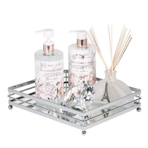Vnesse Decorative Mirrored Makeup Tray Mirror Perfume Glass Vanity Jewelry Serving Tray Silver Classic for Dressers Kitchen and Bathroom