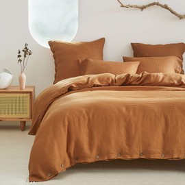 Simple&Opulence 100% Linen Duvet Cover Set 3pcs with Coconut Button Closure Natural French Washed Flax Solid Color Soft Breathable Farmhouse Bedding - Rust, King Size