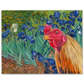 Irises Painting - Interrupted by Rooster 11x14 Unframed Print, Bold Home Decor with a Blend of Classic Art & Modern Surrealism, Humorous Yet Artistic for Rustic Kitchens, Farmhouse & Eclectic Spaces