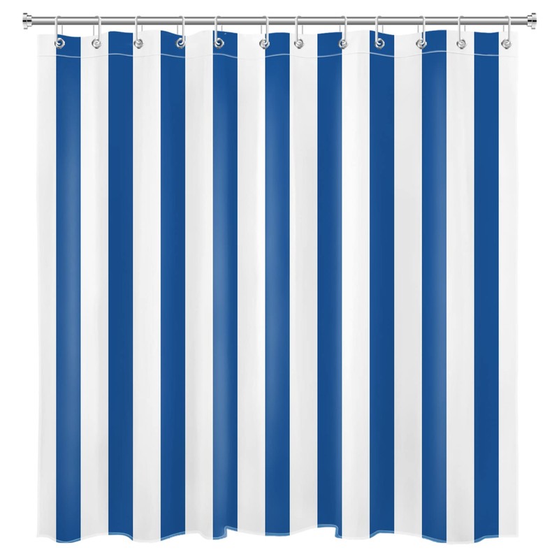 LB Blue and White Striped Fabric Shower Curtain for Bathroom