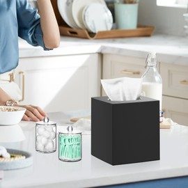 Tissue Box Cover, Square Facial Acrylic Tissue Box Holder with 2 Pack Clear Qtip Holder Dispenser, Bathroom Vanity Dresser Night Stand Essentials Accessories Decor, Modern Farmhouse Decor,Black