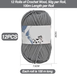 Yuraigm Crochet Yarn 12 x 50 g/Ball, Super Soft Wool Knitting Yarn Cotton for Crocheting, Anti-Pilling Baby Wool for Knitting, 100% Acrylic Yarn for Beginners and Children for Knitting Project (Grey)