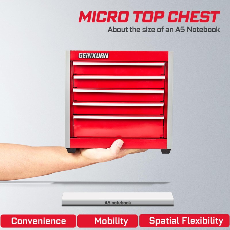 Geinxurn 5-Drawer Rolling Red Tool Box, Heavy Duty Micro Roll