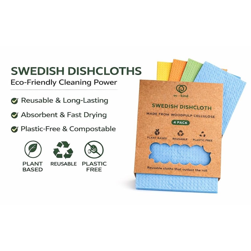 ECOKIND | 4 Pack Swedish Dish Cloths | Reusable Cleaning