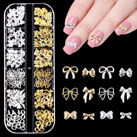 Gold Silver 3D Nail Charms with Elegant Bow & Studs, Premium Alloy Nail Gems for Art, 2 Boxes Flat Back Rhinestones Accessories for DIY Decorations