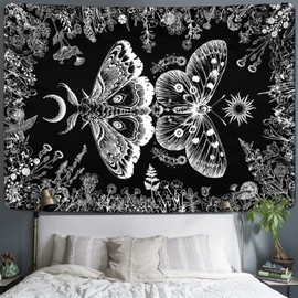 Alishomtll Butterfly Sun and Moon Black and White Tapestry, Botanical Flower Black Wall Towel, Bedroom Dorm Aesthetic Decorative Wall Hanging, Black, 150 x 130 cm